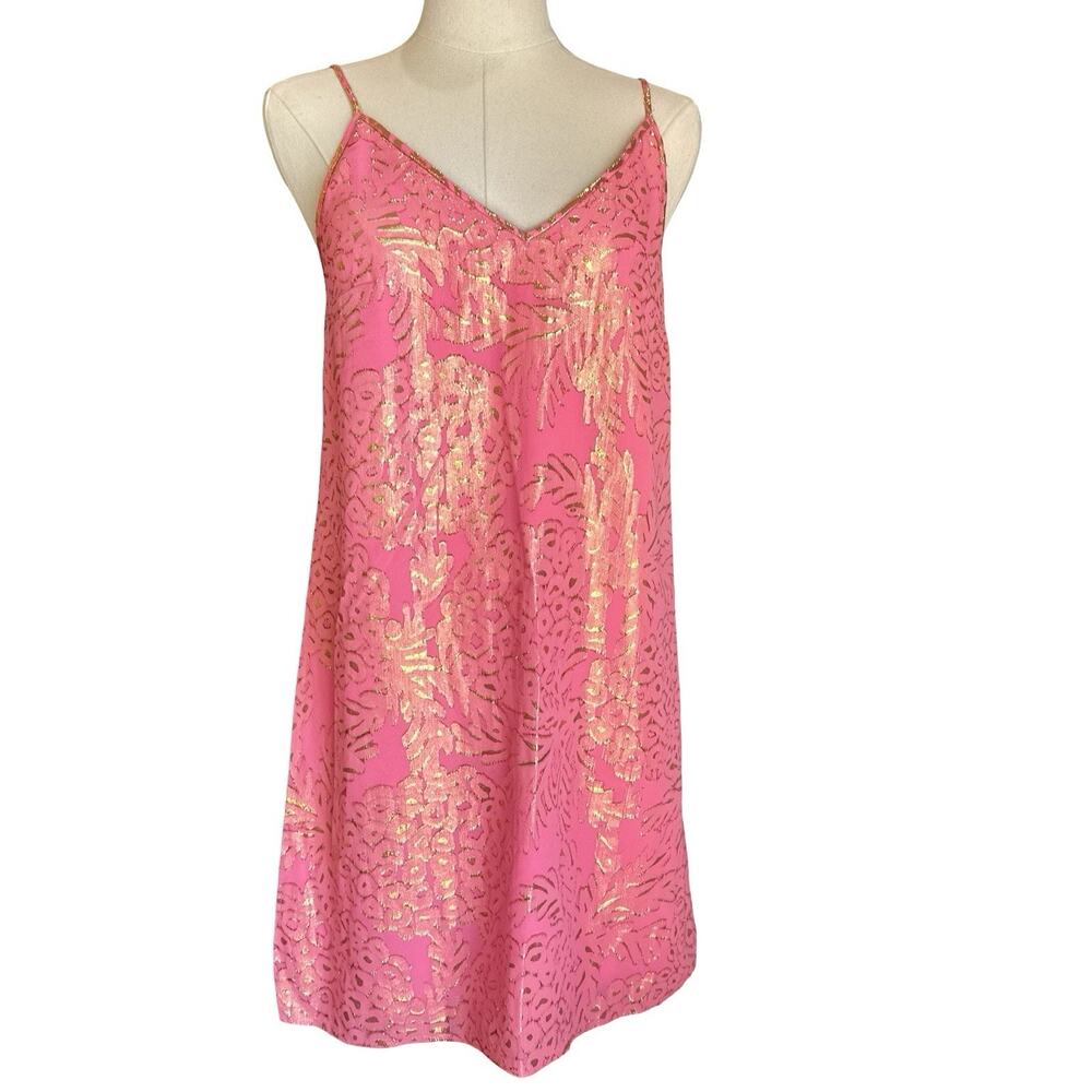 Lilly Pulitzer Lela Silk Slip Dress Coral Reef Gold Metallic Pineapple Small
